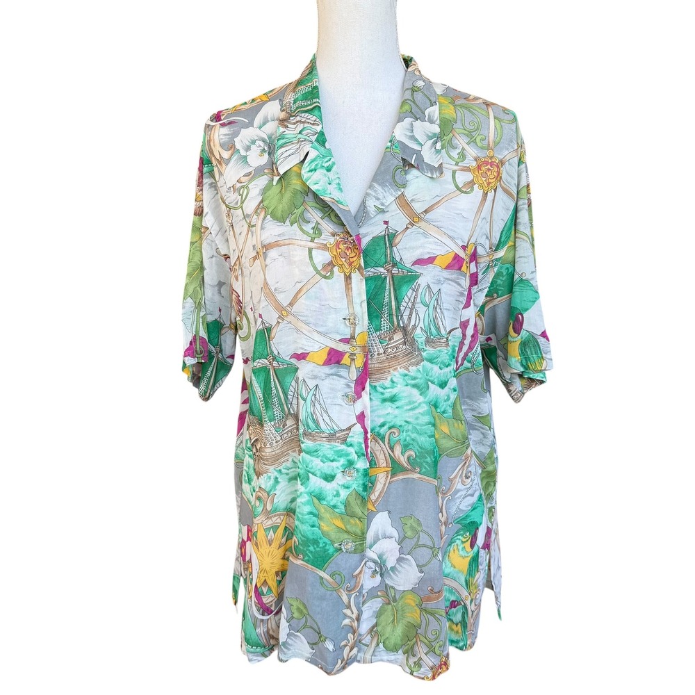 Se Range Vintage Nautical Sailing Ship Parrot Print Button Up Shirt Cotton 44‎ L